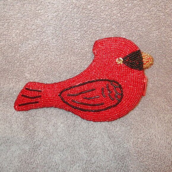 Vintage Red Cardinal Beaded Coin Purse Stash Pouch Lined Zipper Ornate Bird NEW - Picture 1 of 8